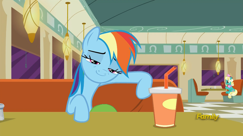 Size: 1047x587 | Tagged: suggestive, derpibooru import, edit, edited screencap, screencap, honey curls, mare e. lynn, rainbow dash, oc, oc:anon, pony, the saddle row review, /mlp/, 1000 hours in ms paint, discovery family logo, female, implied cunnilingus, implied oral, implied sex, mare, ms paint