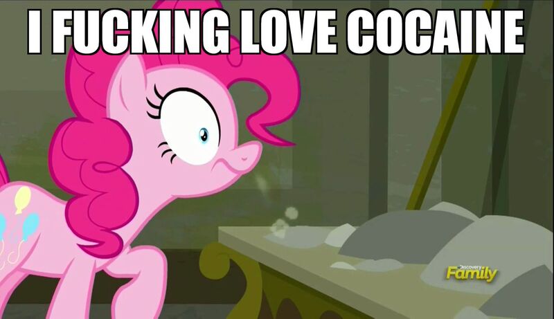 Size: 1280x738 | Tagged: caption, cocaine, derpibooru import, discovery family logo, drugs, dust, edit, edited screencap, image macro, meme, pinkie pie, safe, screencap, sniffing, snorting, the saddle row review, vulgar, wide eyes