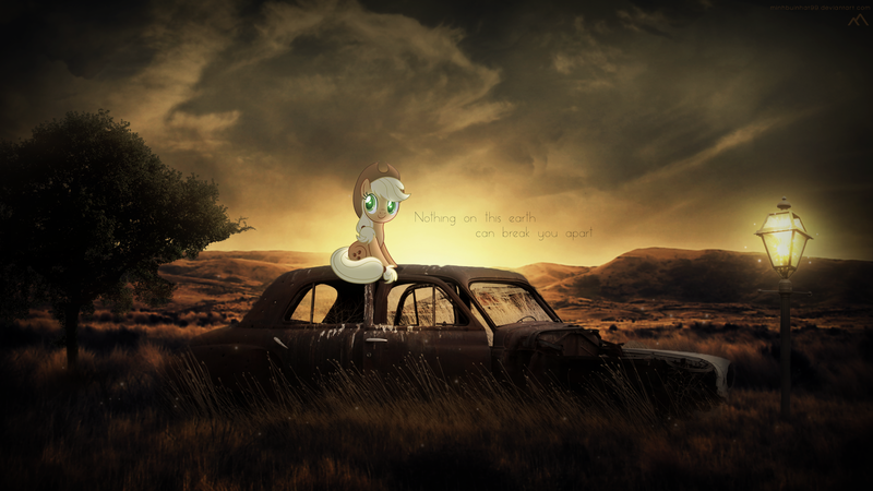 Size: 1920x1080 | Tagged: safe, artist:dashiesparkle, artist:minhbuinhat99, derpibooru import, applejack, earth pony, pony, car, female, glow, irl, junk, lyrics, mare, photo, ponies in real life, sitting, song reference, streetlight, sunset, text, tree, vector, wallpaper