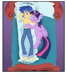 Size: 756x848 | Tagged: suggestive, artist:ponymaan, derpibooru import, edit, flash sentry, twilight sparkle, twilight sparkle (alicorn), equestria girls, bare chest, barefoot, bed, blushing, body pillow, clothes, comic, eyes closed, feet, flashlight, grin, hug, human fetish, human flash sentry x pony twilight, interspecies, male, male feet, pillow, pillow hug, shipping, side, smiling, straight, topless