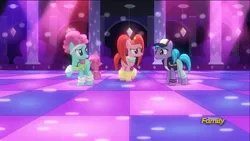 Size: 1920x1080 | Tagged: safe, derpibooru import, screencap, azure velour, flashdancer, pacific glow, earth pony, pony, the saddle row review, clothes, dance floor, disappointed, disco, discovery family logo, female, hat, jewelry, leg warmers, mare, necklace, poofy mane, pouting, raised eyebrow, raised hoof