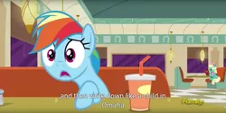 Size: 1920x970 | Tagged: derpibooru import, discovery family logo, meme, omaha, rainbow dash, safe, screencap, the saddle row review, youtube caption