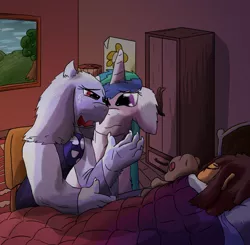 Size: 1024x1002 | Tagged: artist:firefanatic, bed, crossover, crying, derpibooru import, frisk, princess celestia, safe, sleeping, toriel, undertale