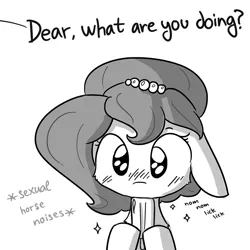 Size: 891x891 | Tagged: suggestive, artist:dsp2003, artist:tjpones, derpibooru import, edit, oc, oc:brownie bun, unofficial characters only, earth pony, pony, blushing, cute, descriptive noise, female, floppy ears, food, horse noises, lewd, licking, mare, meme, monochrome, nom, offscreen character, popsicle, simple background, solo, suggestive eating, tongue out, white background