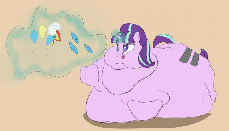 Size: 1280x737 | Tagged: artist:astr0zone, bingo wings, blob, chubby cheeks, colored, derpibooru import, double chin, equal cutie mark, fat, hungry, immobile, implied pinkie pie, implied rainbow dash, implied rarity, large belly, large butt, magic, morbidly obese, obese, questionable, rolls of fat, simple background, solo, starlard glimmer, starlight glimmer, telekinesis