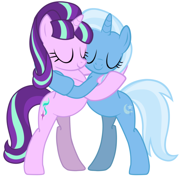 Size: 7017x6852 | Tagged: safe, artist:ramseybrony17, derpibooru import, starlight glimmer, trixie, pony, unicorn, absurd resolution, female, hilarious in hindsight, hug, implied lesbian, lesbian, mare, shipping, simple background, startrix, transparent background, vector