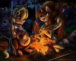 Size: 1600x1271 | Tagged: safe, artist:aschenstern, derpibooru import, oc, oc:ariel radiance, oc:katya ironstead, unofficial characters only, alicorn, pony, alicorn oc, armor, balalaika, bonfire, campfire, commission, crossover, dark souls, eyes closed, forest, guitar, mandolin, musical instrument, night sky, open mouth, playing, red eyes, singing, sitting, sword, warrior, weapon, zweihander