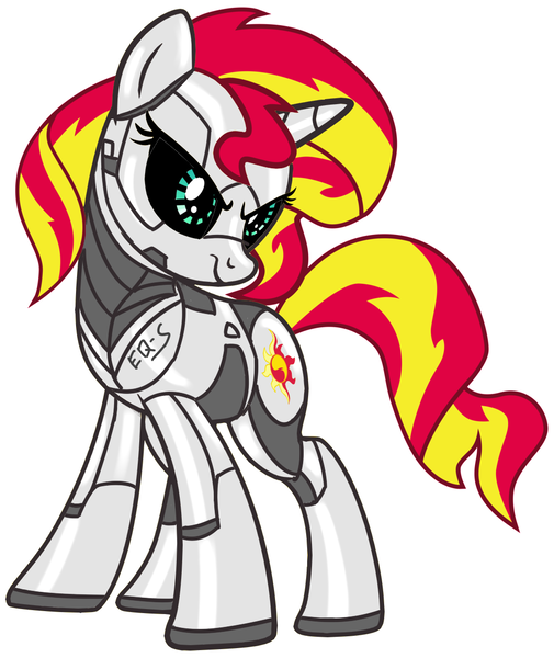 Size: 1024x1217 | Tagged: safe, artist:vladiverse, derpibooru import, sunset shimmer, pony, robot, robot pony, unicorn, black sclera, frown, glare, manip, metal, roboticization, shimmerbot, simple background, solo, white background