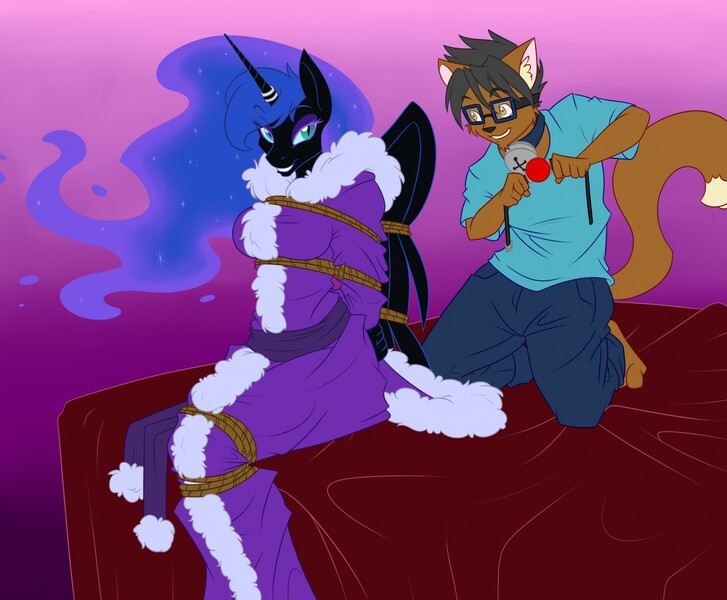 Size: 1280x1057 | Tagged: suggestive, artist:spiderweber, derpibooru import, nightmare moon, oc, anthro, fox, anthro oc, ballgag, bathrobe, bell, bondage, bound, breasts, busty nightmare moon, canon x oc, clothes, collar, female, furry, gag, horn ring, magic suppression, nightgown, rope, rope bondage, shipping, sitting