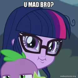 Size: 619x616 | Tagged: safe, derpibooru import, edit, edited screencap, screencap, sci-twi, spike, spike the regular dog, twilight sparkle, dog, equestria girls, friendship games, faic, image macro, meme, smirk, twiface, u mad, wrong neighborhood