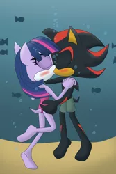 Size: 1000x1500 | Tagged: anthro, aquaphilia, artist:uwdr-64, bubble, clothes, crossover, crossover shipping, derpibooru import, fetish, fish, kissing, one-piece swimsuit, plantigrade anthro, safe, shadow the hedgehog, shadtwi, shipping, sonicified, sonic the hedgehog (series), swimsuit, swim trunks, twilight sparkle, underwater