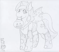 Size: 1280x1131 | Tagged: safe, artist:rozga, derpibooru import, oc, unofficial characters only, changeling, pony, unicorn, clothes, costume, jack-o-lantern, monochrome, mouth hold, nightmare night, nightmare night costume, smiling, socks, solo