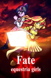 Size: 792x1192 | Tagged: safe, artist:kul, derpibooru import, sci-twi, sunset shimmer, twilight sparkle, fanfic, equestria girls, armor, cover art, crossover, fanfic art, fanfic cover, fate/stay night, fimfiction, glasses, looking at you, saber, sword, text, weapon, writing