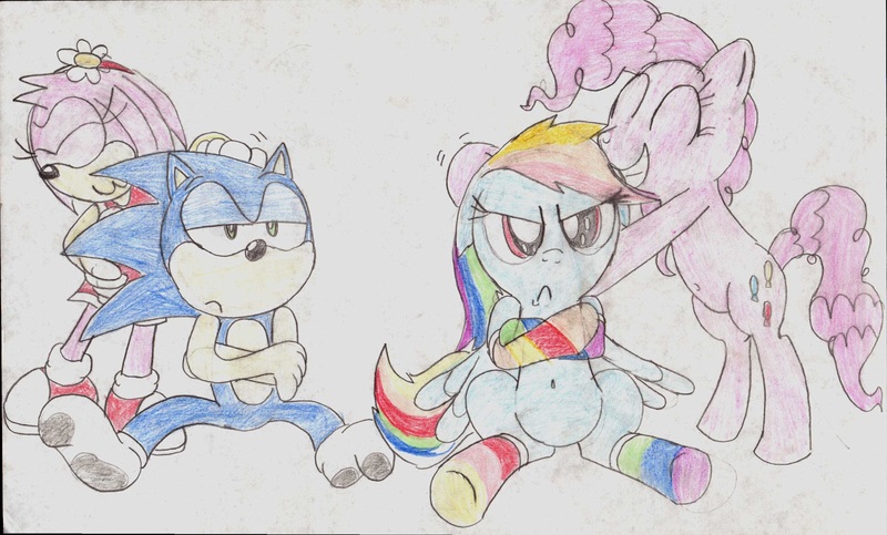 Size: 2803x1692 | Tagged: safe, artist:comedyestudios, derpibooru import, pinkie pie, rainbow dash, belly button, clothes, crossover, female, lesbian, male, pinkiedash, rainbow socks, shipping, socks, sonamy, sonic the hedgehog, sonic the hedgehog (series), straight, striped socks, traditional art