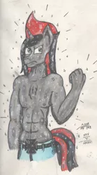 Size: 666x1201 | Tagged: abs, anthro, artist:mane-shaker, colored, crystallized, crystal pony, derpibooru import, oc, oc:mane shaker, shiny, solo, suggestive, traditional art, unofficial characters only