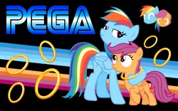 Size: 2880x1800 | Tagged: safe, artist:fuzon-s edits, artist:greenmachine987, artist:vector-brony, derpibooru import, rainbow dash, scootaloo, crossover, image, logo parody, miles "tails" prower, parody, png, ring, scootalove, sega, sonic the hedgehog, sonic the hedgehog (series), vector, wallpaper