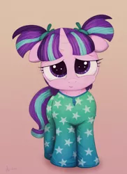 Size: 1008x1387 | Tagged: safe, artist:an-tonio, artist:transgressors-reworks, color edit, derpibooru import, edit, starlight glimmer, pony, unicorn, clothes, colored, cute, female, filly, filly starlight glimmer, floppy ears, footed sleeper, glimmerbetes, pajamas, pigtails, smiling, solo, younger