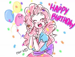 Size: 1600x1200 | Tagged: safe, artist:aizy-boy, derpibooru import, pinkie pie, equestria girls, balloon, beautiful, birthday, confetti, cute, diapinkes, eyes closed, female, happy, happy birthday, heart, simple background, solo, white background