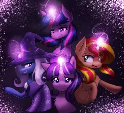 Size: 2181x1981 | Tagged: safe, artist:vulpessentia, derpibooru import, starlight glimmer, sunset shimmer, trixie, twilight sparkle, twilight sparkle (alicorn), alicorn, pony, unicorn, chest fluff, counterparts, glowing horn, magic, magical quartet, simple background, twilight's counterparts