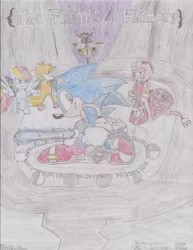 Size: 1024x1323 | Tagged: amy rose, artist:sonic-warrior, chaos emerald, crossover, derpibooru import, discord, doctor eggman, fanfic, fanfic art, fanfic cover, rainbow dash, safe, sonic the hedgehog, sonic the hedgehog (series), sword, traditional art, weapon