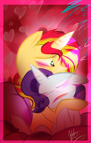 Size: 700x1100 | Tagged: safe, artist:parumeworld, derpibooru import, rarity, sunset shimmer, pony, unicorn, female, lesbian, shipping, sunsarity