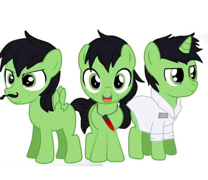 Size: 750x650 | Tagged: safe, artist:lion-grey, derpibooru import, oc, oc:anon, oc:colt anon, unofficial characters only, earth pony, pegasus, pony, unicorn, angry, clothes, colt, determined, lab coat, male, necklace, smiling, sombra's horn, trailer in the description