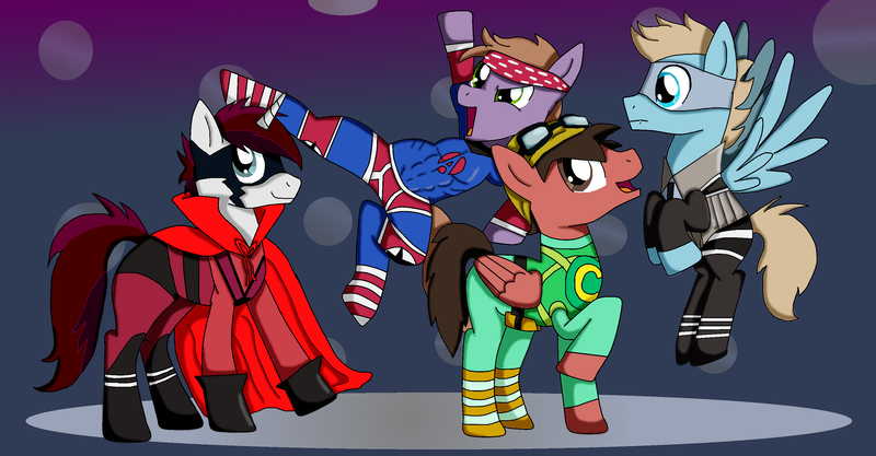 Size: 2948x1536 | Tagged: safe, artist:diamond--rose, derpibooru import, ponified, 5 seconds of summer, ashton irwin, calum hood, clothes, costume, luke hemmings, michael clifford, superhero