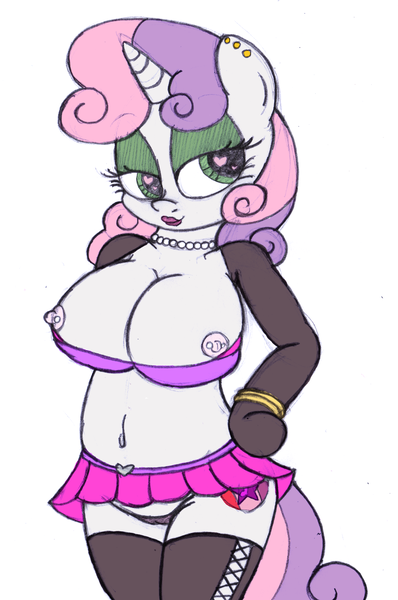 Size: 2040x3078 | Tagged: anthro, arm hooves, artist:an-tonio, artist:recoloring-crap-nsfw, belly button, big breasts, bimbo, breasts, busty sweetie belle, cameltoe, cleavage, clothes, derpibooru import, female, heart eyes, lipstick, miniskirt, nipple piercing, nipples, nudity, older, panties, piercing, questionable, skirt, slutty-belle, solo, solo female, sweetie belle, thong, underwear, wingding eyes