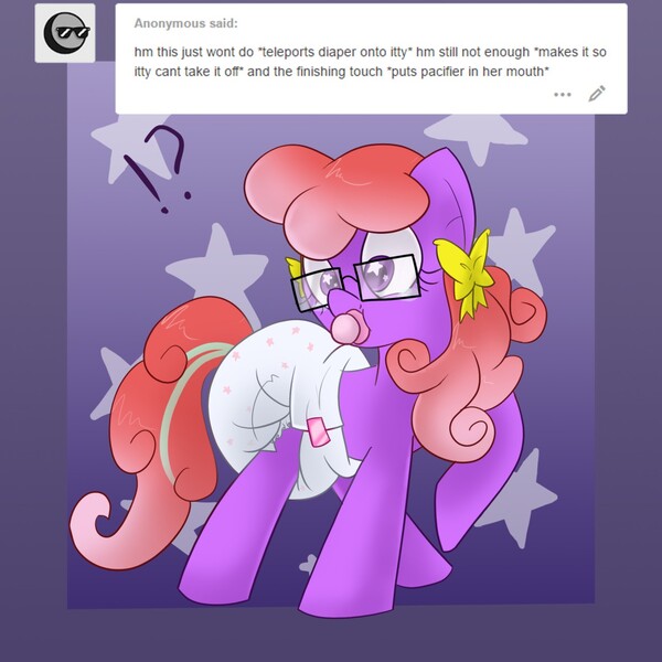 Size: 1280x1280 | Tagged: questionable, artist:tapeysides, derpibooru import, oc, oc:itty bit, unofficial characters only, adorkable, adult foal, cute, diaper, diaper fetish, dork, glasses, hair bow, ocbetes, older, pacifier, poofy diaper, tumblr, wingding eyes