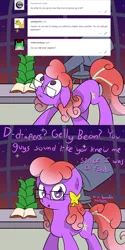 Size: 1280x2560 | Tagged: artist:tapeysides, ask itty bit, book, derpibooru import, glasses, oc, oc:itty bit, older, safe, scrunchy face, telescope, tumblr, unofficial characters only