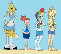 Size: 2193x1961 | Tagged: safe, artist:hunterxcolleen, derpibooru import, applejack, rainbow dash, human, renamon, equestria girls, barefoot, beach, belly button, bikini, bikini top, clothes, crossover, digimon, digimon tamers, feet, humanized, rika nonaka, shorts, simple background, swimsuit, tanktop