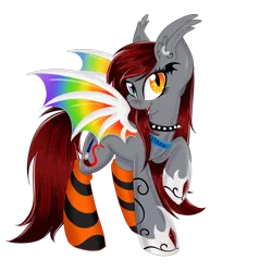 Size: 1024x1024 | Tagged: safe, artist:silent-shadow-wolf, derpibooru import, oc, oc:scarlet spectrum, unofficial characters only, bat pony, pony, clothes, heterochromia, simple background, socks, solo, striped socks, transparent background