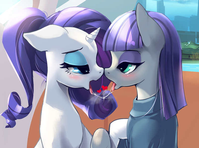 Size: 1224x912 | Tagged: questionable, artist:chigusa, derpibooru import, maud pie, rarity, earth pony, pony, unicorn, the gift of the maud pie, bedroom eyes, close-up, clothes, crack shipping, drool, drool string, eye contact, eyeshadow, female, floppy ears, heart, intimate, kissing, lesbian, looking at each other, makeup, manehattan, mare, open mouth, passionate, rarimaud, shipping, sloppy kissing, swan boat, tongue out