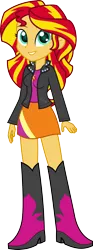 Size: 934x2500 | Tagged: safe, artist:salemcat, derpibooru import, sunset shimmer, equestria girls, boots, clothes, commission, cute, high heel boots, high heels, jacket, leather jacket, shimmerbetes, simple background, skirt, smiling, solo, transparent background, when she smiles