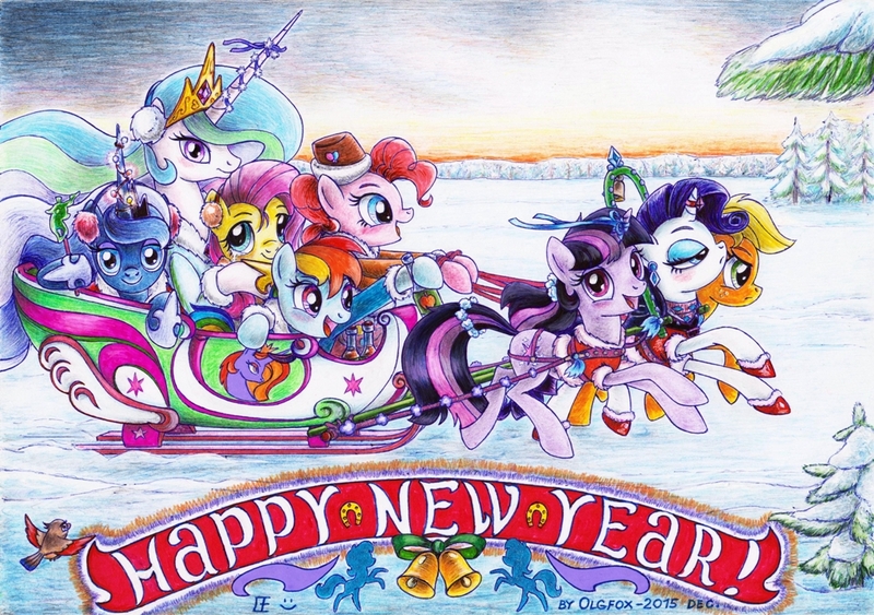 Size: 1024x721 | Tagged: applejack, artist:olgfox, derpibooru import, fluttershy, harness, mane six, new year, pinkie pie, princess celestia, princess luna, rainbow dash, rarity, safe, sleigh, snow, traditional art, troika, twilight sparkle