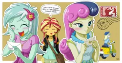 Size: 1200x624 | Tagged: safe, artist:uotapo, derpibooru import, bon bon, derpy hooves, lyra heartstrings, princess celestia, sunset shimmer, sweetie drops, equestria girls, adorabon, bag, blushing, clothes, colored pupils, cute, driving, engrish, envelope, eyes closed, female, flcl, implied lyrabon, leather jacket, lesbian, lyrabetes, lyrabon, moped, motorcycle, open mouth, scooter, shimmerbetes, shipping, shoes, shorts, socks, speech bubble, stamp, sunset helper, uotapo is trying to murder us, vehicle, vespa