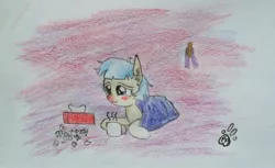 Size: 2790x1710 | Tagged: artist:professionalpuppy, blanket, cocobetes, coco pommel, cute, derpibooru import, drink, ear fluff, mug, nose wrinkle, prone, red nosed, safe, scrunchy face, sick, solo, steam, the saddle row review, tissue, tissue box, traditional art