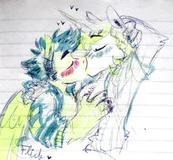 Size: 938x867 | Tagged: anthro, artist:artflicker, bluesentry, blushing, crack shipping, derpibooru import, flash sentry, gay, heart, kissing, lined paper, male, prince blueblood, safe, shipping, traditional art