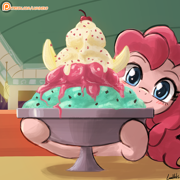 Size: 750x750 | Tagged: safe, artist:lumineko, derpibooru import, pinkie pie, pony, the saddle row review, cute, diapinkes, female, food, holding, ice cream, looking at you, mare, patreon, patreon logo, peeking, solo, sundae, sweet dreams fuel, this will end in diabetes, this will end in weight gain