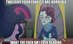 Size: 860x519 | Tagged: safe, derpibooru import, edit, edited screencap, screencap, principal abacus cinch, sci-twi, twilight sparkle, fanfic, equestria girls, friendship games, discovery family logo, meme, text edit, twilight loves fanfiction, vulgar