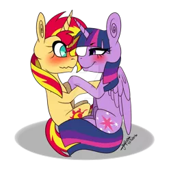 Size: 1024x1024 | Tagged: safe, artist:yupinapegasus, derpibooru import, sunset shimmer, twilight sparkle, twilight sparkle (alicorn), alicorn, pony, blushing, female, lesbian, mare, nuzzling, shipping, simple background, smirk, sunsetsparkle, transparent background, watermark, wavy mouth