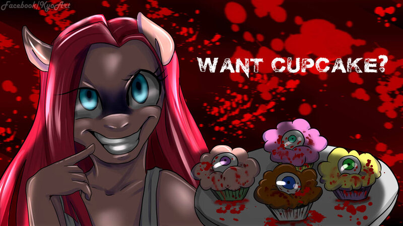 Size: 1024x576 | Tagged: anthro, artist:kyotoxart, blood, cannibalism, cupcake, derpibooru import, eyeball, fanfic:cupcakes, food, grimdark, horse meat, meat, pinkamena diane pie, pinkie pie, solo