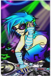 Size: 420x623 | Tagged: artist:kyotoxo1, clothes, derpibooru import, dj col-7, fingerless gloves, gloves, headphones, human, humanized, record scrape, rule 63, safe, solo, turntable, vinyl scratch