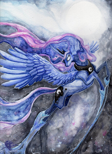 Size: 900x1238 | Tagged: safe, artist:lord-furfur, derpibooru import, princess luna, flying, glowing eyes, moon, solo, traditional art, watercolor painting