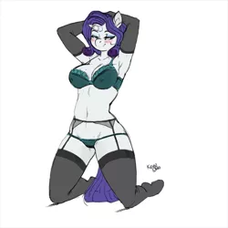 Size: 900x900 | Tagged: suggestive, artist:kevinsano, derpibooru import, edit, rarity, anthro, unguligrade anthro, armpits, bedroom eyes, belly button, blushing, bra, breasts, busty rarity, cleavage, clothes, colored, evening gloves, female, garter belt, garters, gloves, lingerie, panties, socks, solo, solo female, thigh highs, thong, underwear