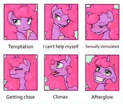 Size: 2351x1980 | Tagged: suggestive, artist:inlucidreverie, derpibooru import, oc, oc:paintblood, unofficial characters only, pony, unicorn, afterglow, bedroom eyes, blushing, drawing meme, ear fluff, expressions, eyes closed, femboy, floppy ears, implied sex, lewd emotions, licking, licking lips, male, meme, open mouth, orgasm, smiling, solo, solo male, stallion, sweat, tongue out, trap, unshorn fetlocks, wavy mouth