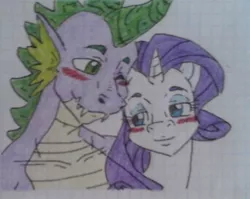 Size: 1023x813 | Tagged: safe, artist:tejedora, derpibooru import, rarity, spike, blushing, crayon drawing, cute, female, graph paper, lined paper, male, older, older spike, shipping, sparity, straight, traditional art