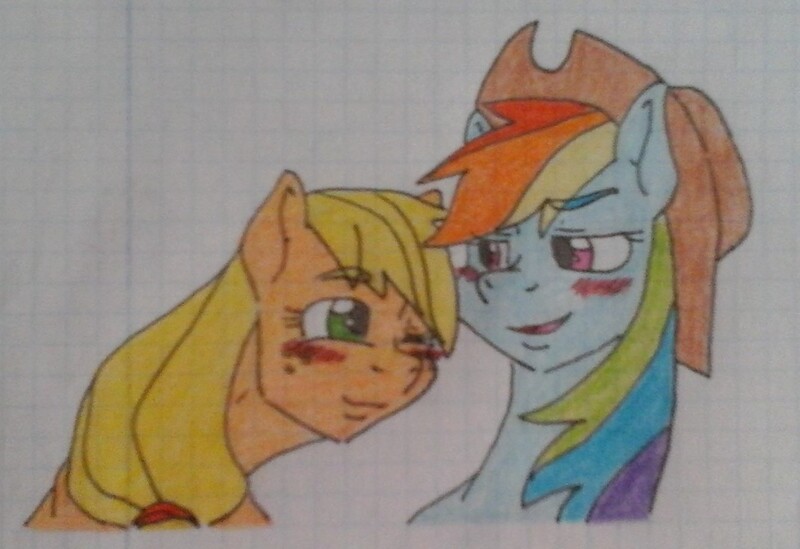 Size: 1337x917 | Tagged: safe, artist:tejedora, derpibooru import, applejack, rainbow dash, accesory swap, appledash, blushing, crayon drawing, cute, female, graph paper, hatless, lesbian, lined paper, missing accessory, shipping, traditional art