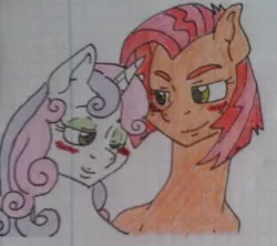 Size: 923x821 | Tagged: artist:tejedora, babsbelle, babs seed, blushing, crayon drawing, cute, derpibooru import, female, graph paper, lesbian, lined paper, long neck, older, safe, shipping, sweetie belle, traditional art