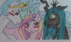 Size: 1371x807 | Tagged: safe, artist:tejedora, derpibooru import, princess cadance, princess celestia, queen chrysalis, alicorn, changeling, changeling queen, pony, blushing, cadalis, celestiance, chryslestia, chryslestiance, crayon drawing, cute, cutealis, cutedance, cutelestia, female, graph paper, infidelity, lesbian, lined paper, looking at each other, ot3, shipping, traditional art